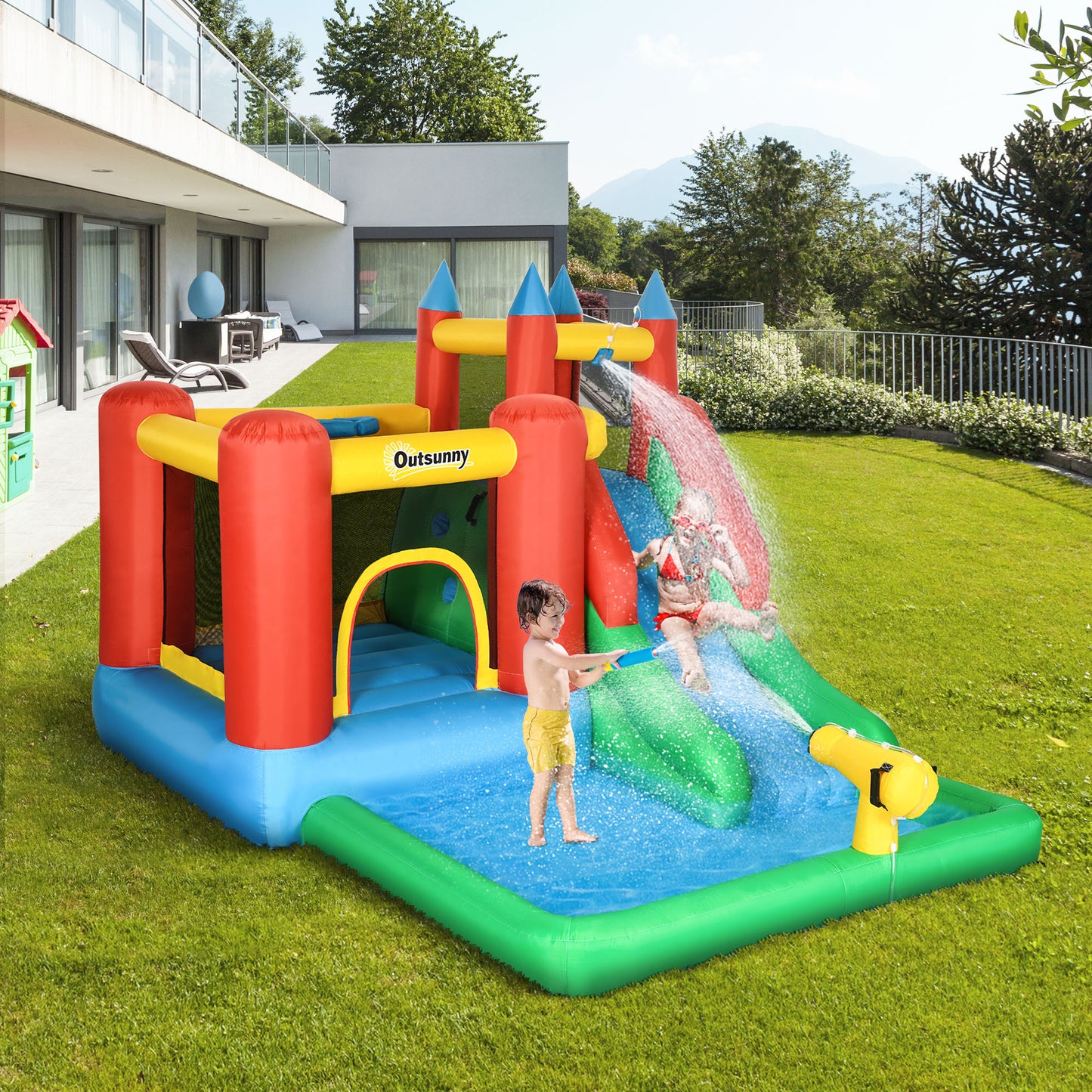 Château gonflable 6 en 1 avec trampoline, glissade et piscine