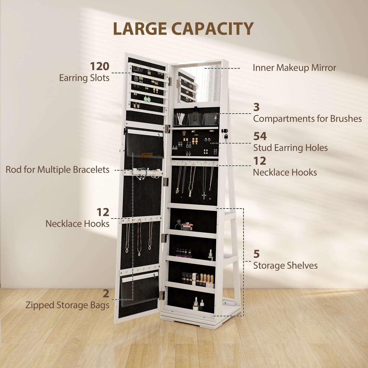 Armoire à bijoux pivotante 360° avec miroir verrouillable