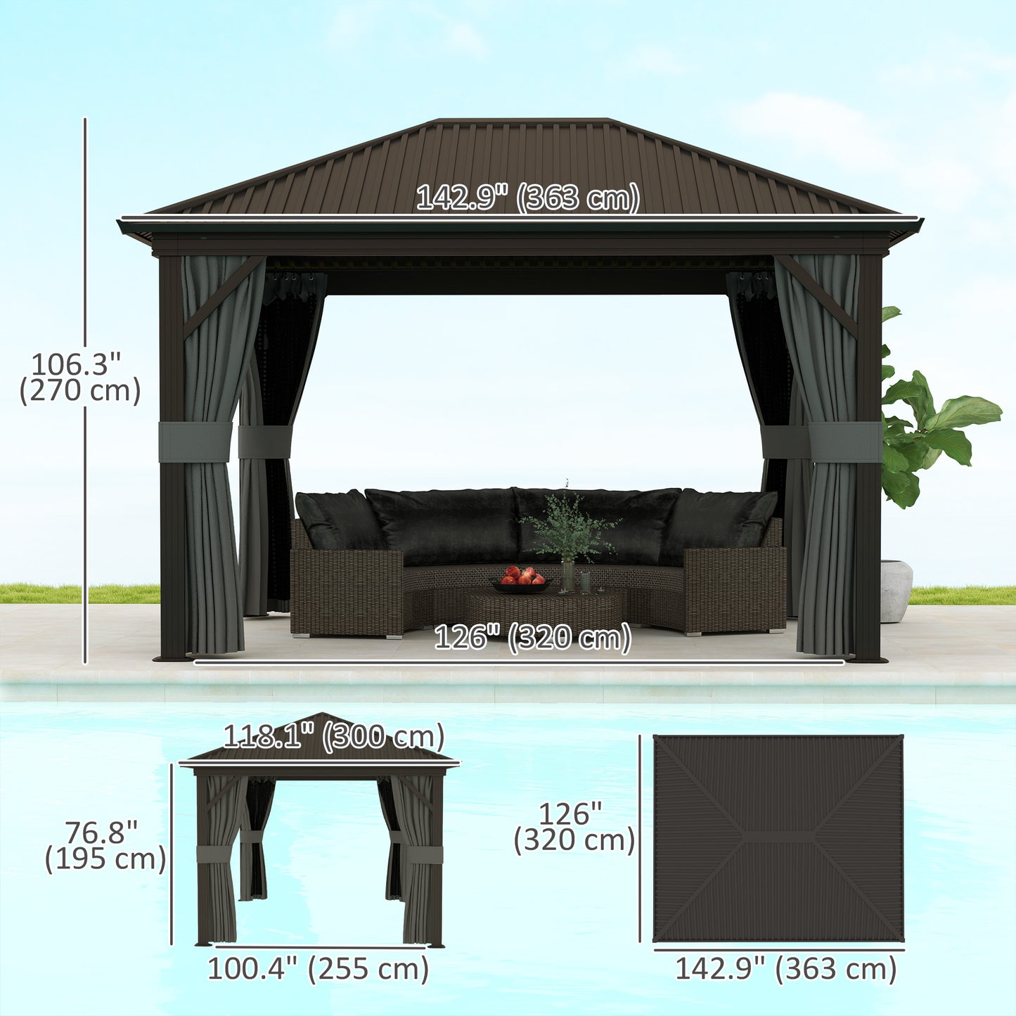 Gazebo Toit Rigide 10x12 Cadre Aluminium Moustiquaire