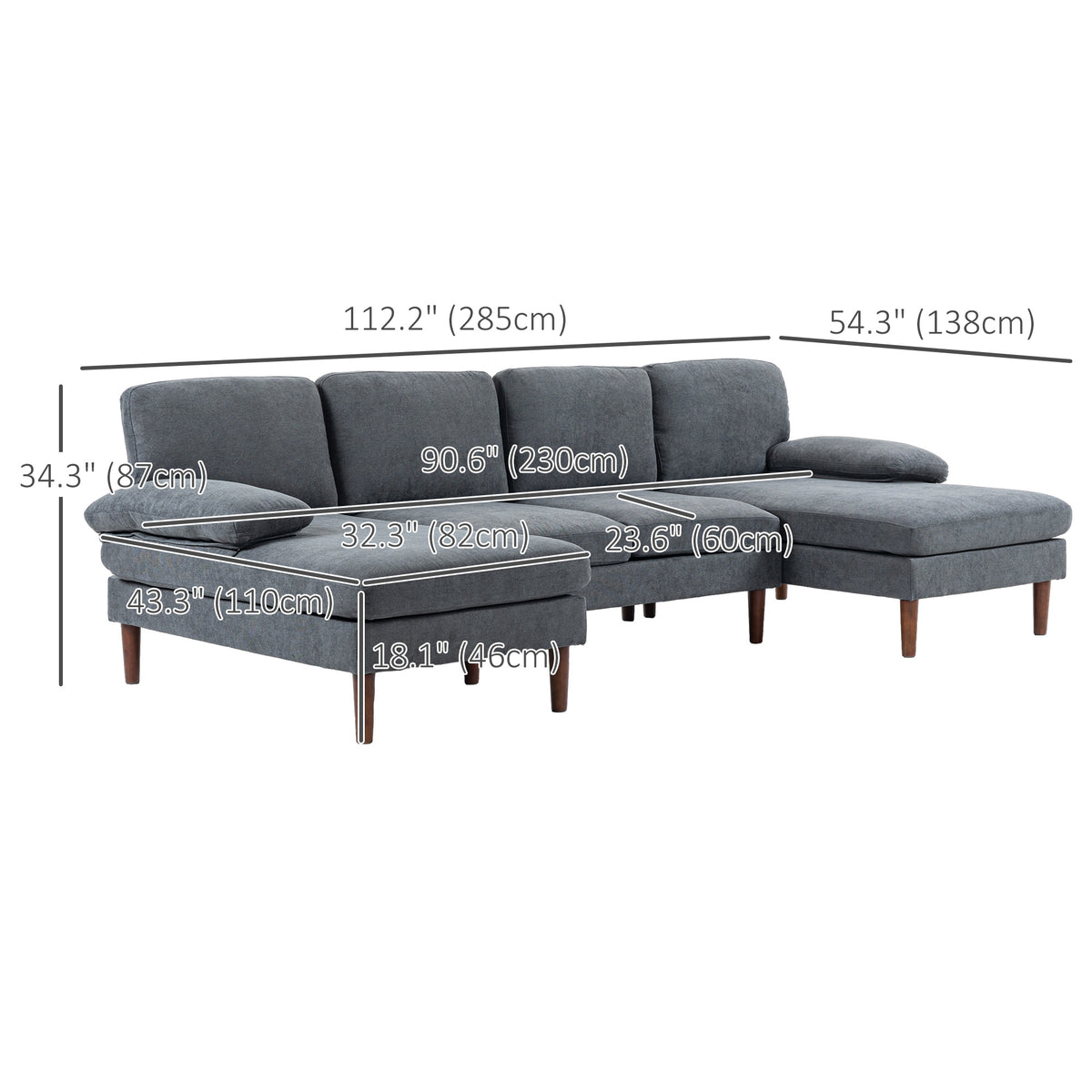 Sofa en U double méridienne 4 places — tissu lin