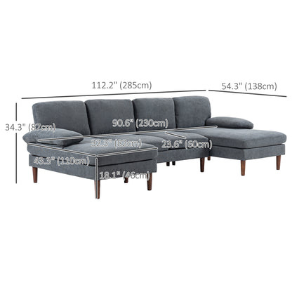 Sofa en U double méridienne 4 places — tissu lin