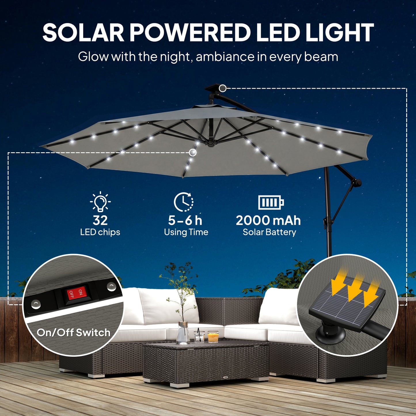 Parasol déporté avec lumières solaires LED et manivelle