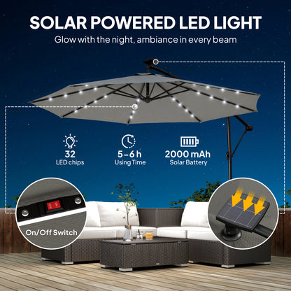 Parasol déporté avec lumières solaires LED et manivelle