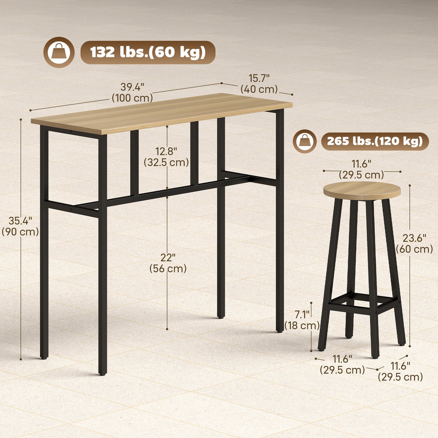 Ensemble bar 6 pièces avec 2 tables et 4 tabourets