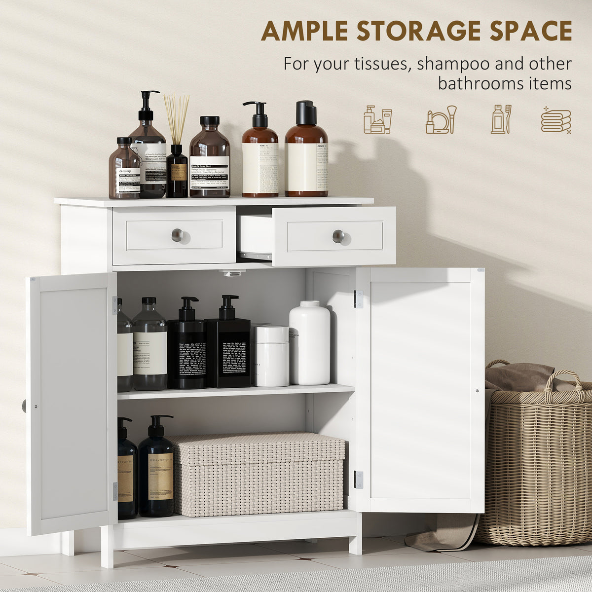 Meuble de salle de bain autoportant avec rangement et tiroirs