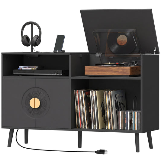 Meuble tourne-disque avec prises de courant et rangement vinyle