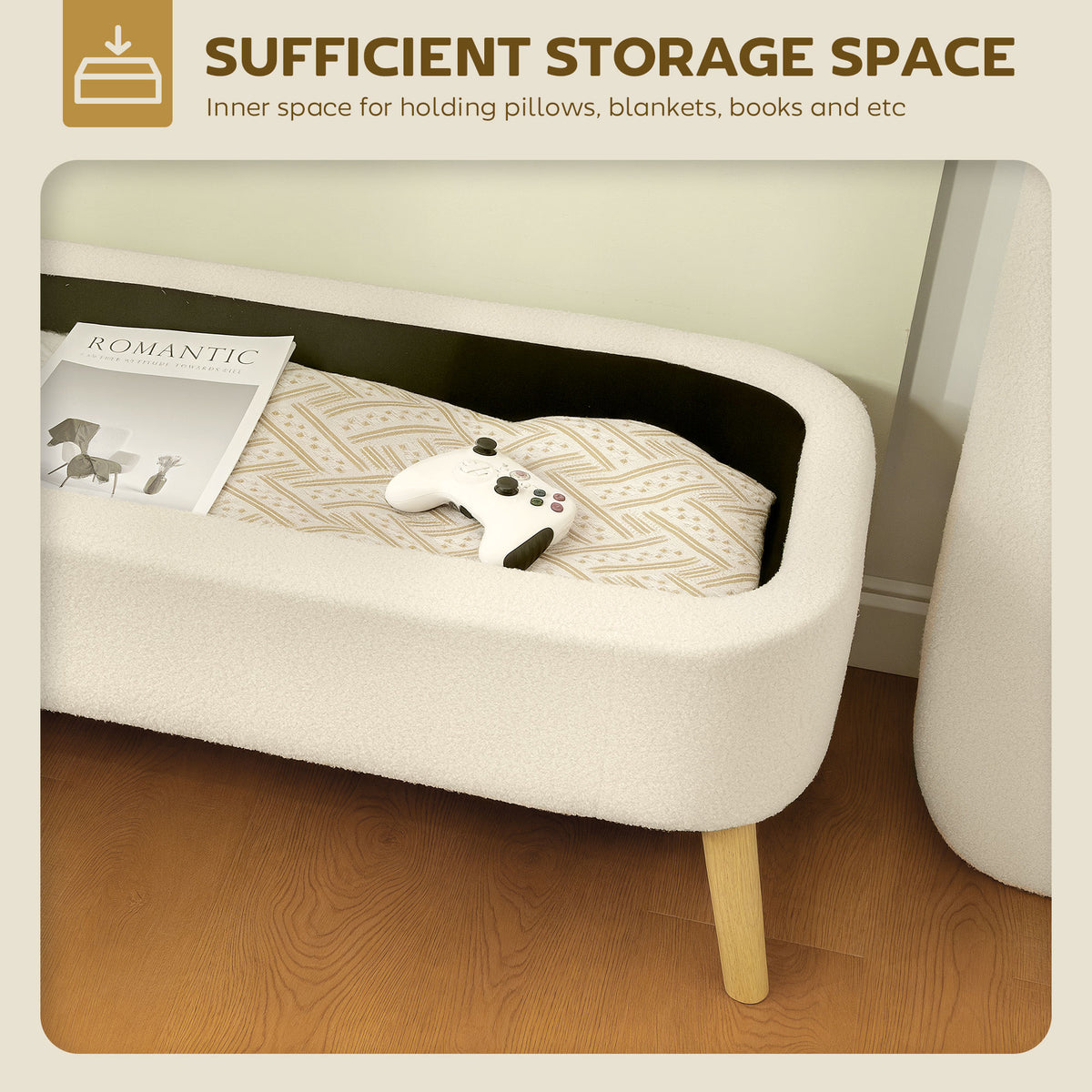 Banc de rangement en bouclette rembourré 120 cm