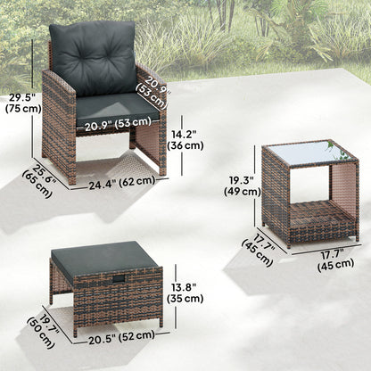 Outsunny 5-Piece Rattan Patio Set - Chairs + Ottomans + Glass Table