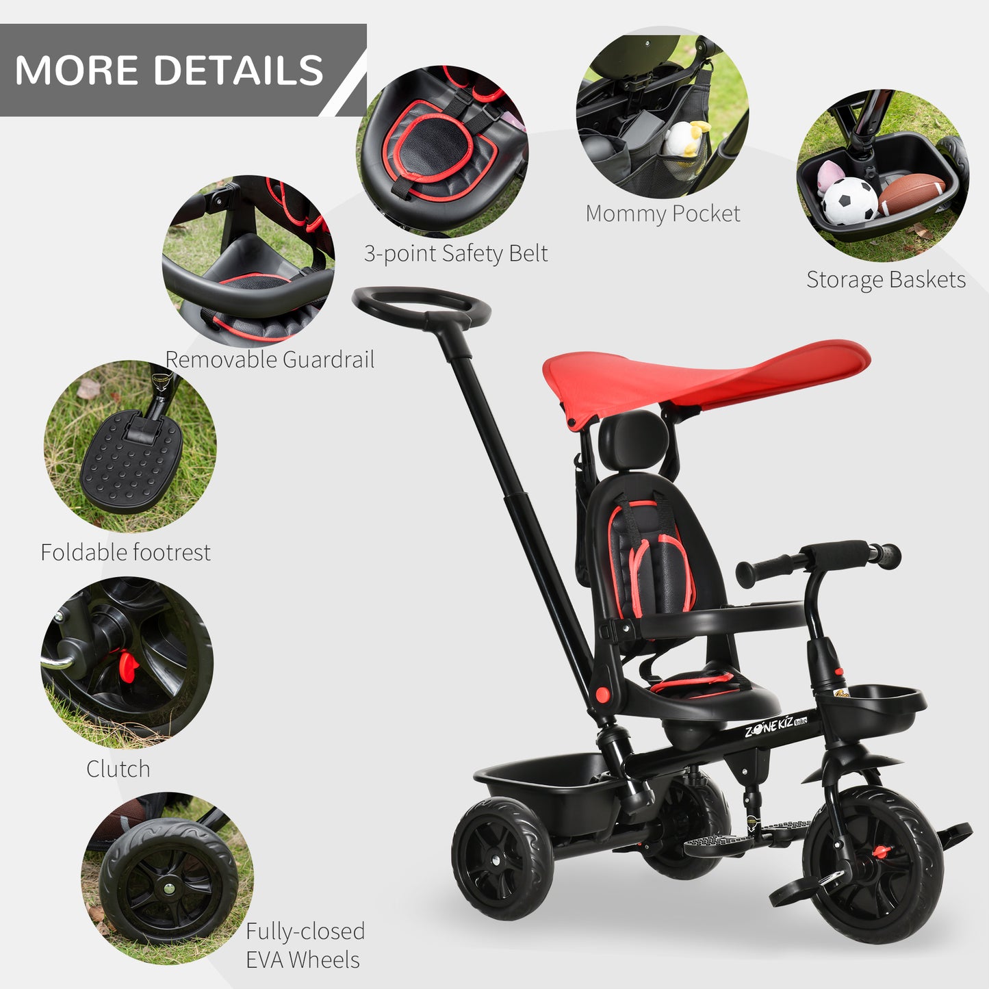 Tricycle évolutif 5-en-1 avec poignée parentale