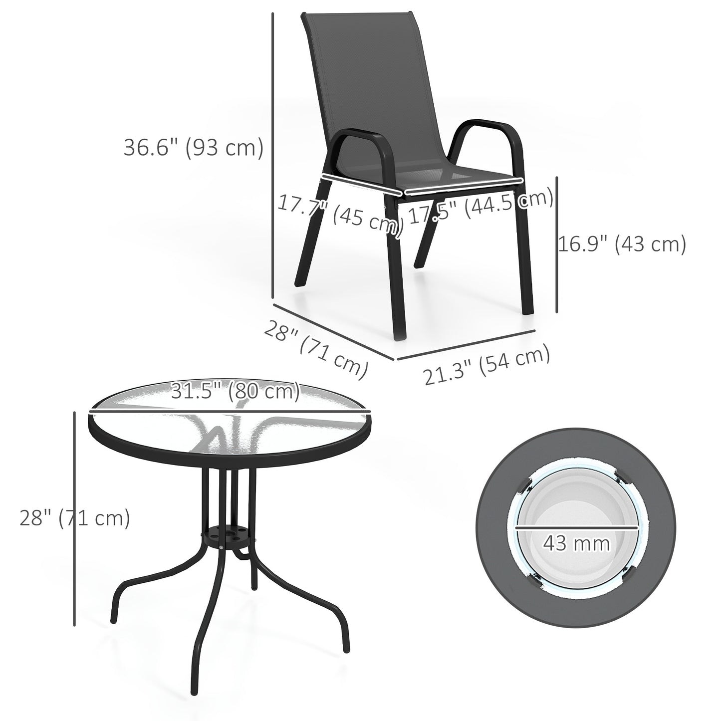 Ensemble de patio cinq pièces table ronde et chaises empilables