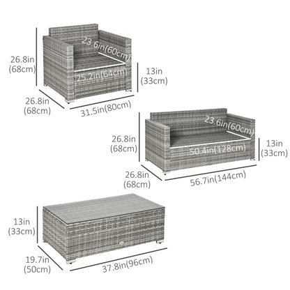 Outsunny 4 Pcs Rattan Patio Set - Thick Cushions, Mixed Grey