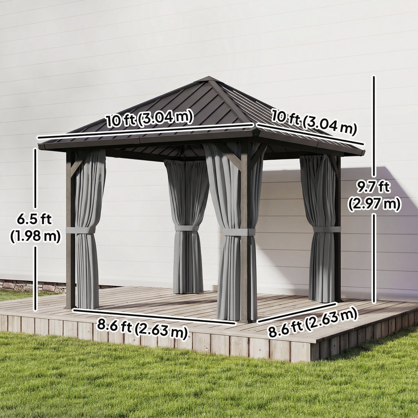 Gazebo toit rigide galvanisé avec filet et rideaux