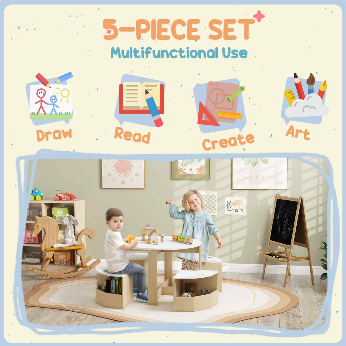 Ensemble table et chaises pour enfants avec rangement — Lot de 5