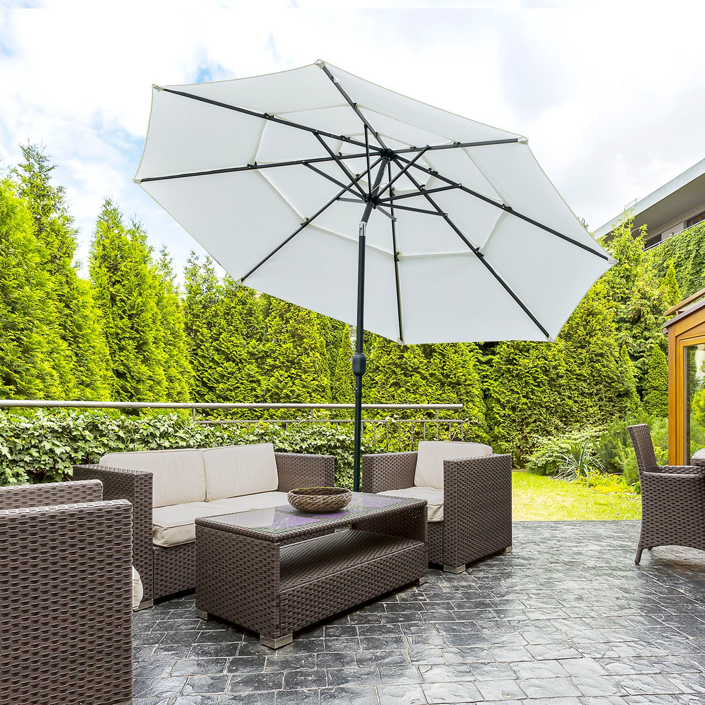 Parasol de patio 3 niveaux à manivelle 274 cm