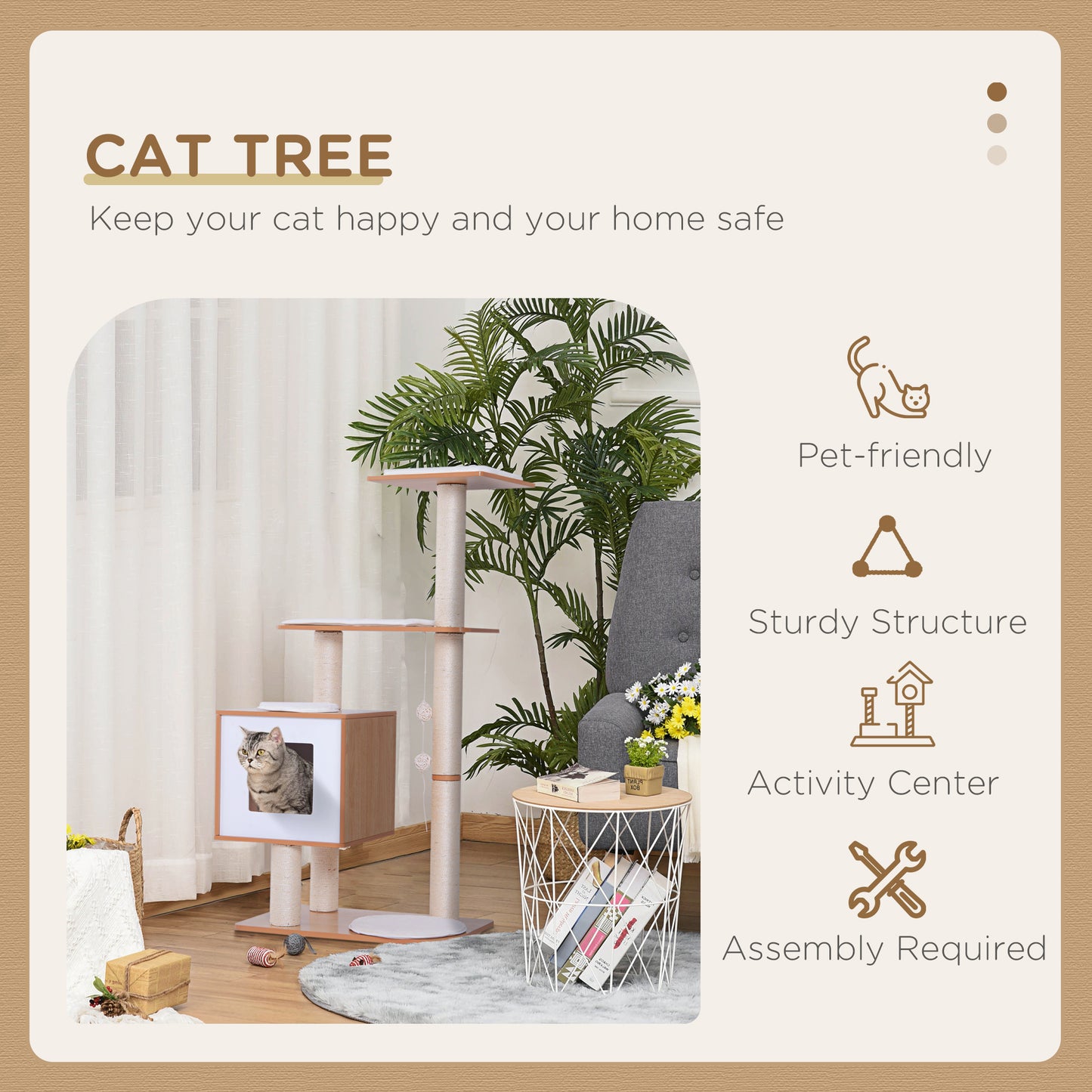 Arbre à chat multiniveaux avec condo et coussins 119 cm