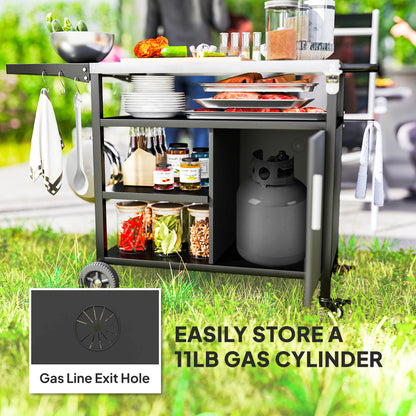 Chariot BBQ pliant acier inoxydable avec tablettes roulettes