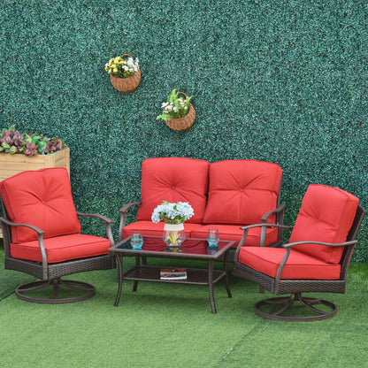 Outsunny 4 Piece Red PE Rattan Patio Set - Sofas + Coffee Table