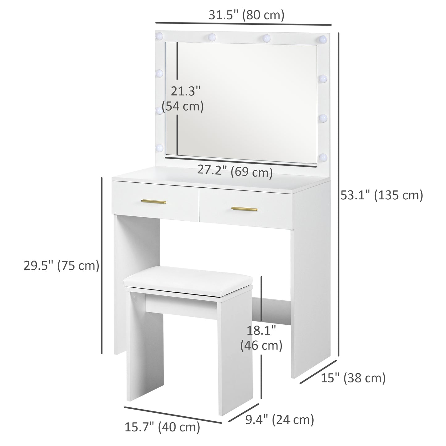 Coiffeuse avec miroir LED et tabouret