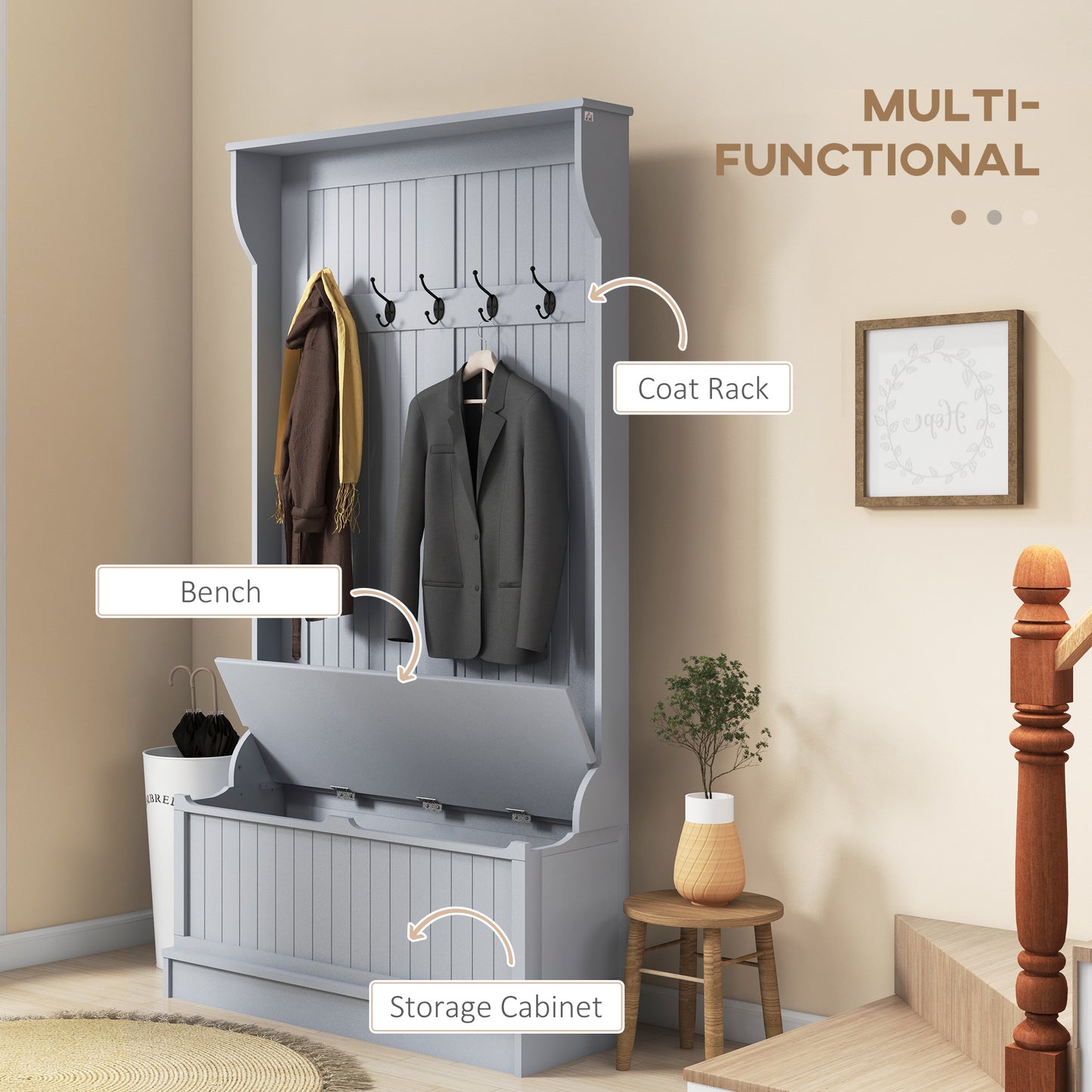 Hall tree 3-en-1 avec banc, rangement et patère