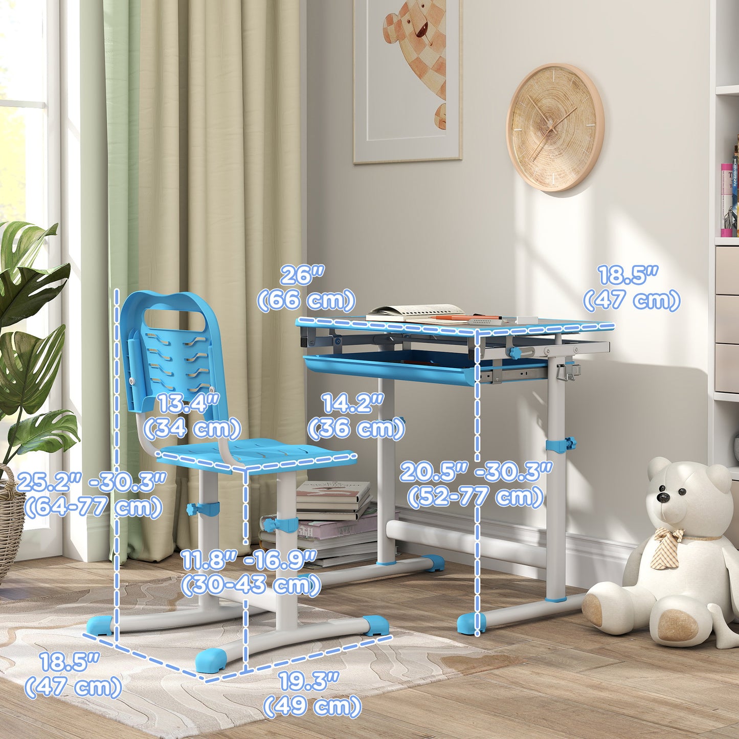 Bureau d'étude ajustable avec chaise et tiroir enfant