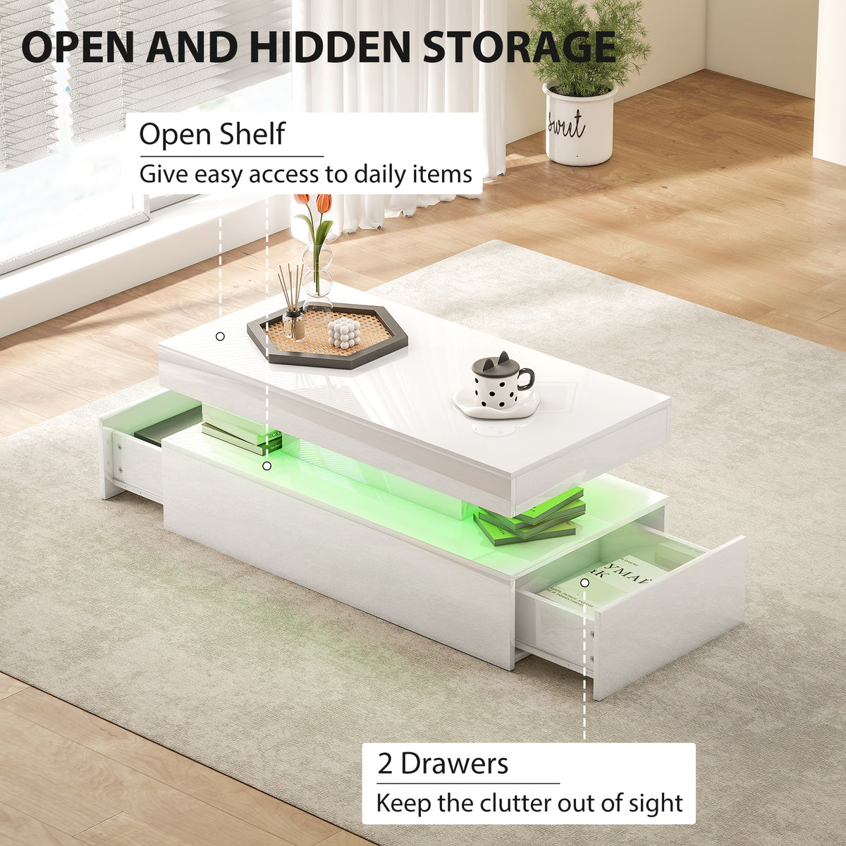 Table basse lumineuse à LED avec rangement