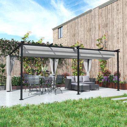 Pergola rétractable en métal avec rideaux latéraux