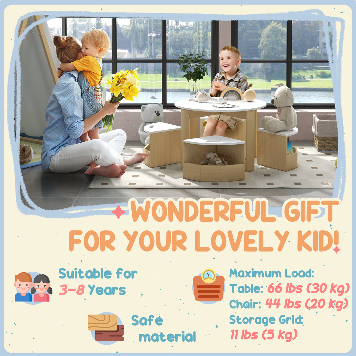 Ensemble table et chaises pour enfants avec rangement — Lot de 5