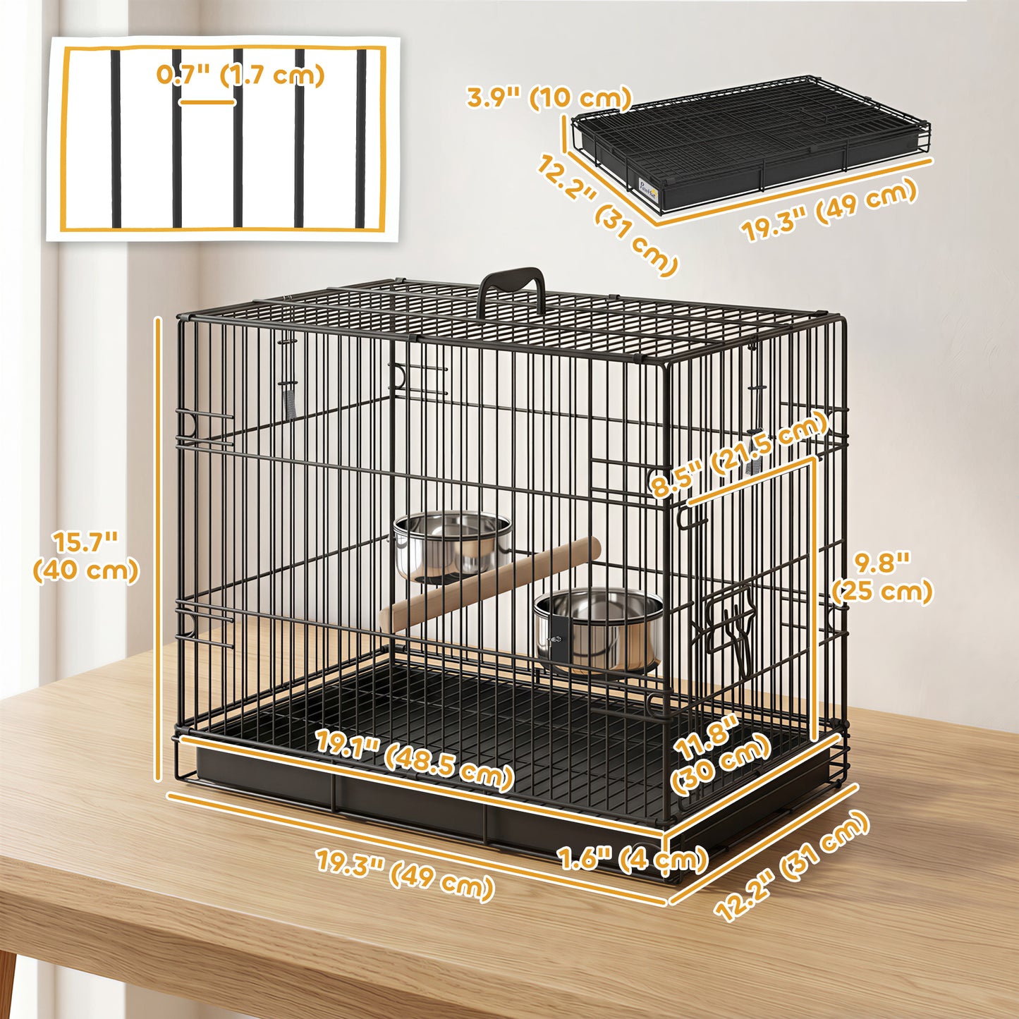 Cage à oiseaux portable avec plateau coulissant et perchoir