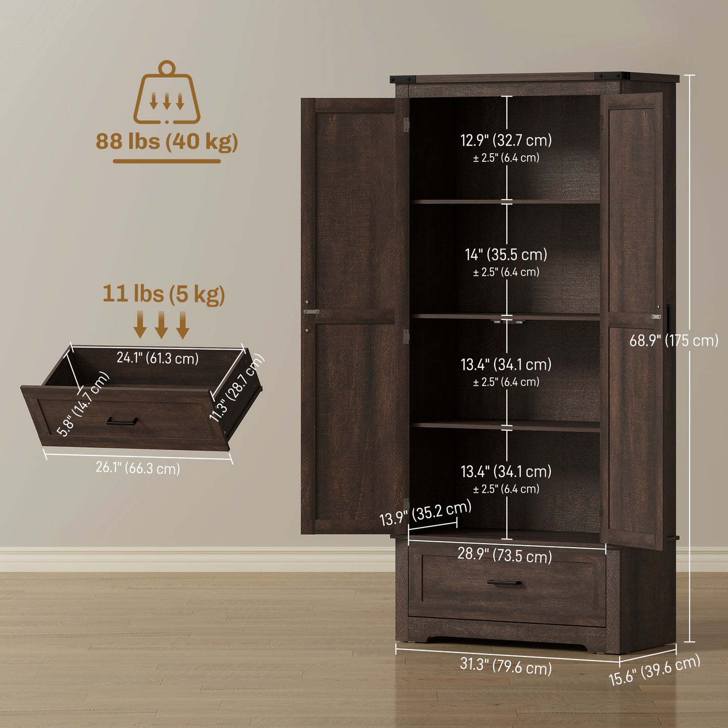 Armoire-garde-manger de cuisine style campagnard 175 cm