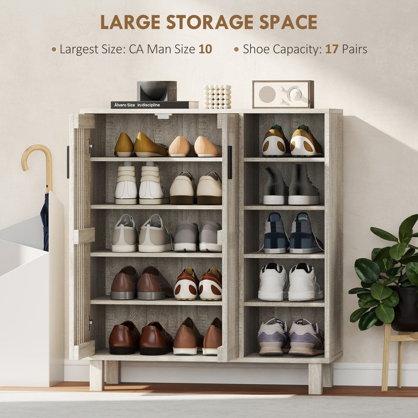 Meuble à chaussures 17 paires portes et tablettes ouvertes