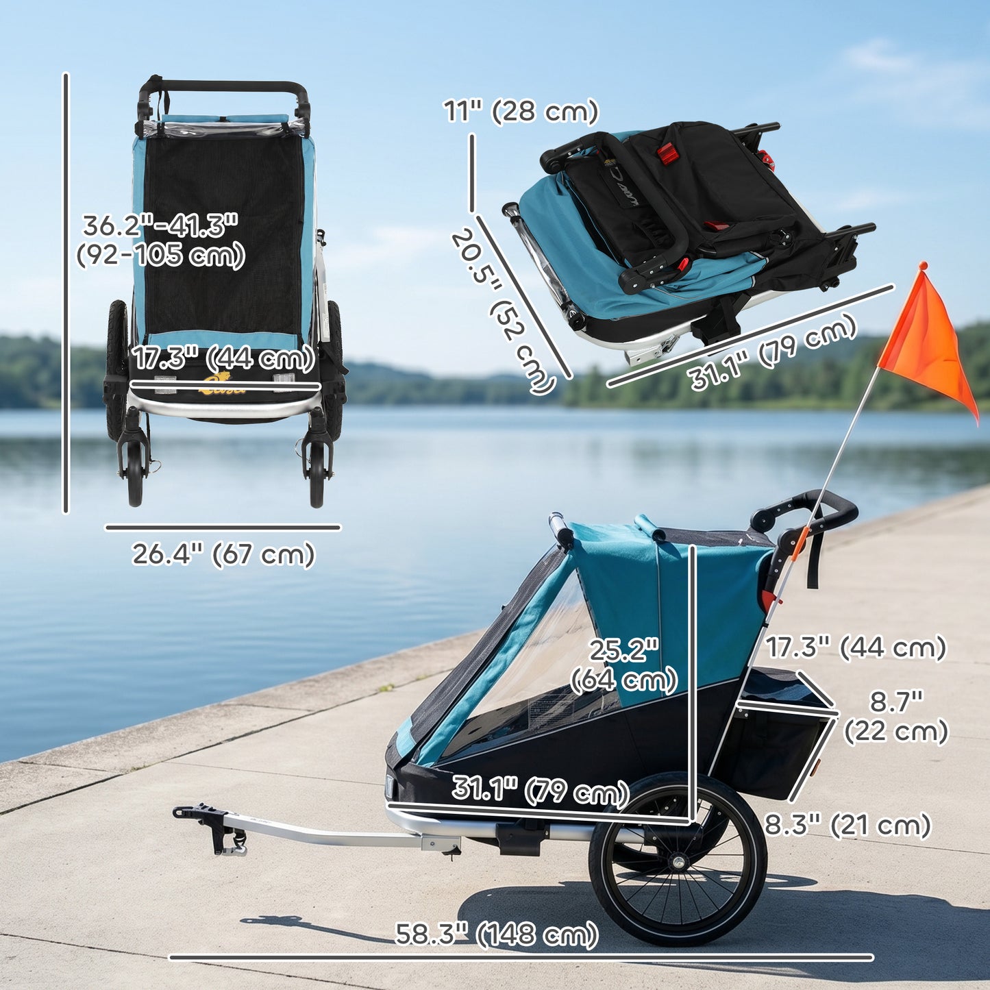 Remorque vélo 3-en-1 enfant pliable avec siège inclinable