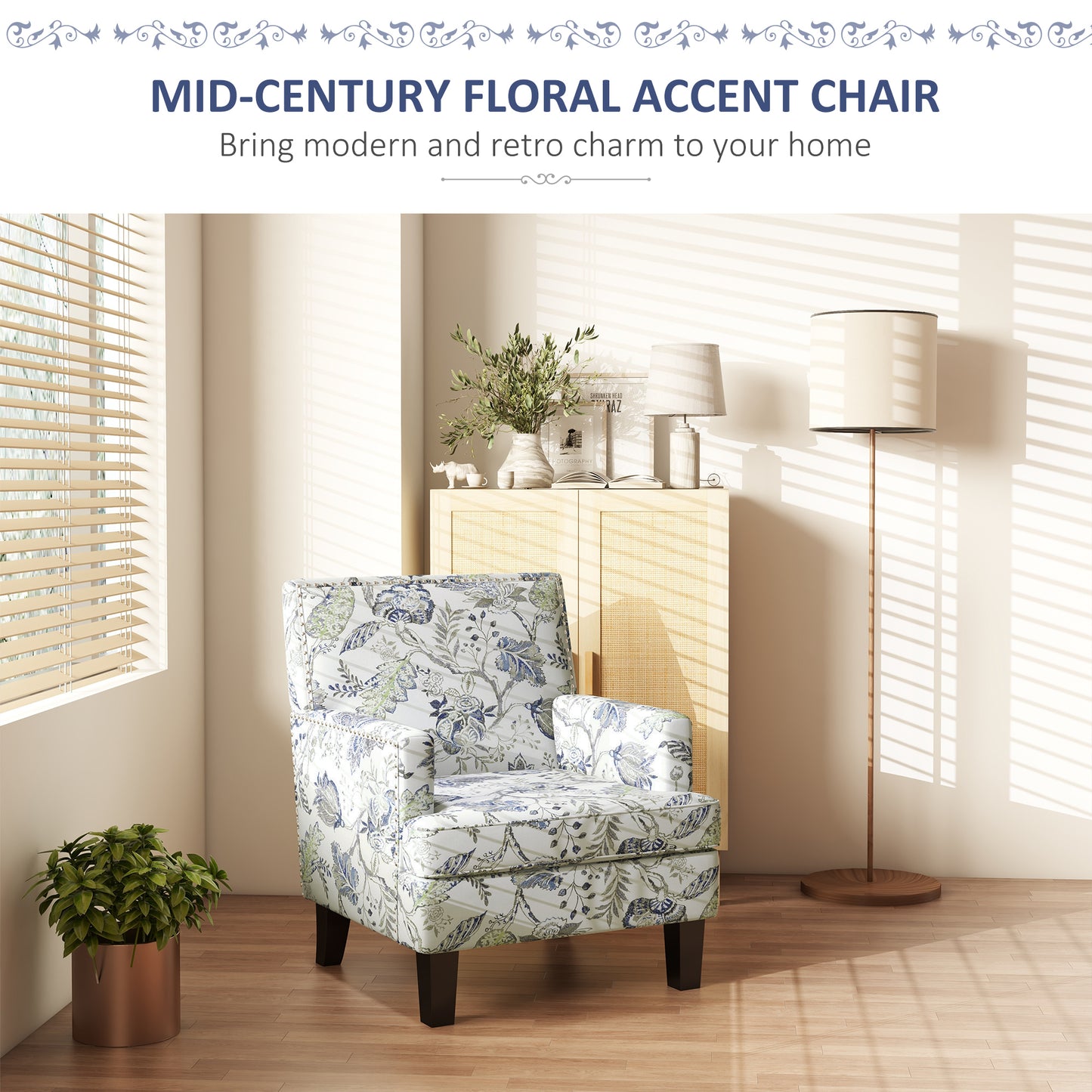 Fauteuil accent mi-siècle motif floral à clous