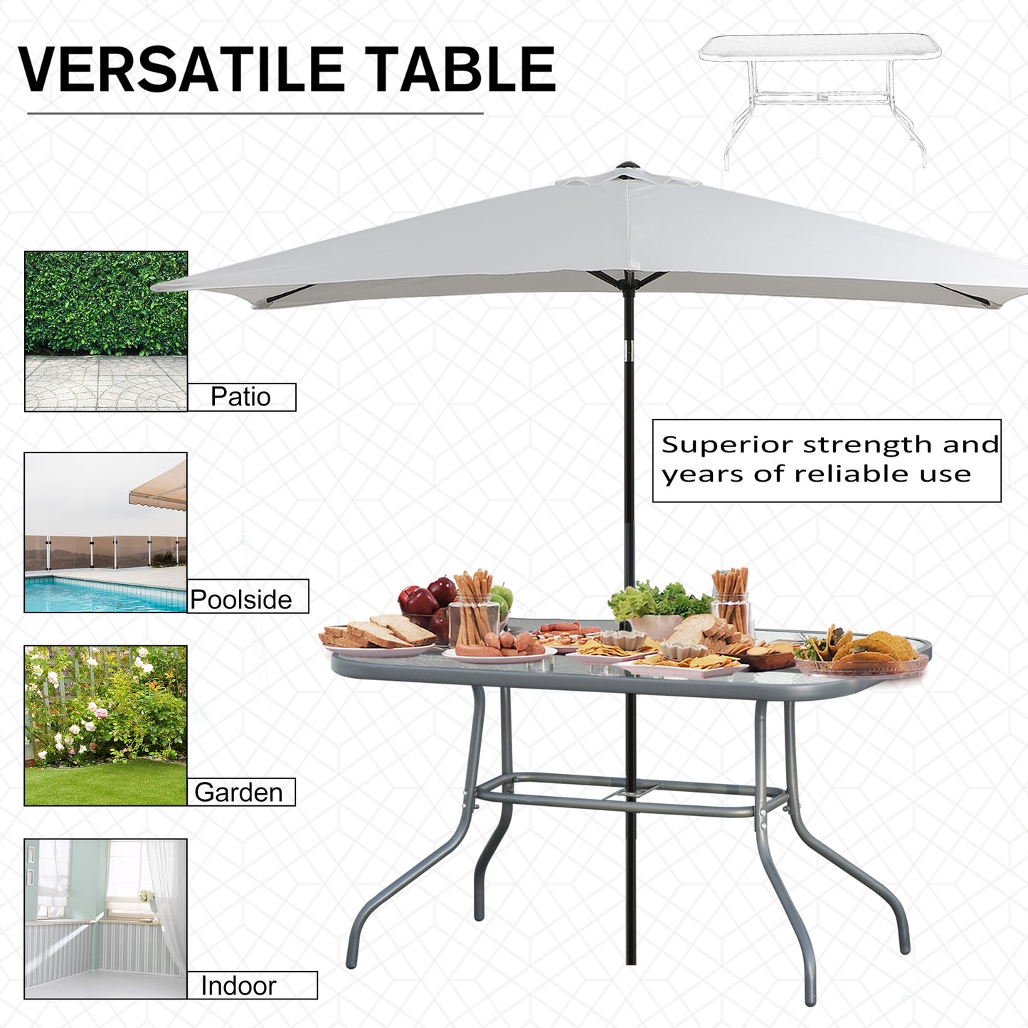 Table de patio en verre trempé avec trou pour parasol