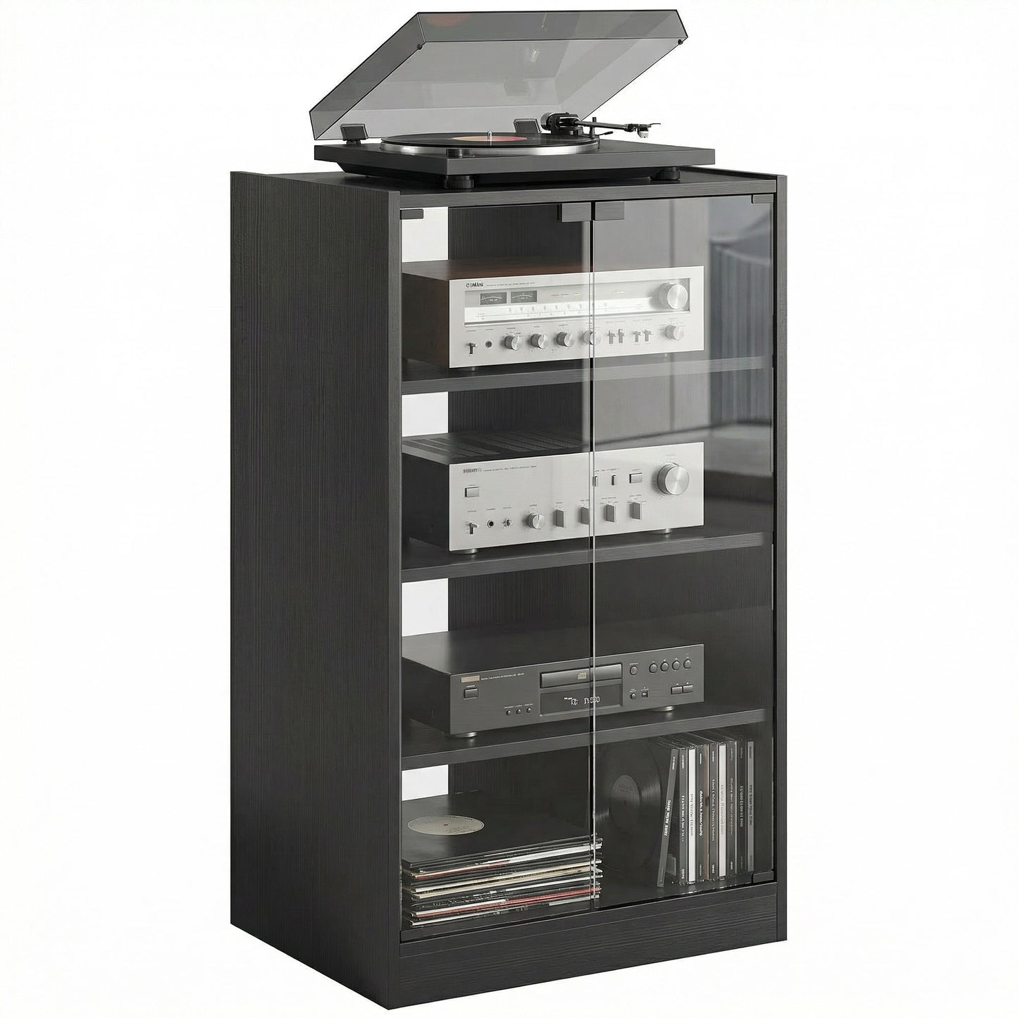 Meuble audiovisuel 5 niveaux portes vitrées push-to-open