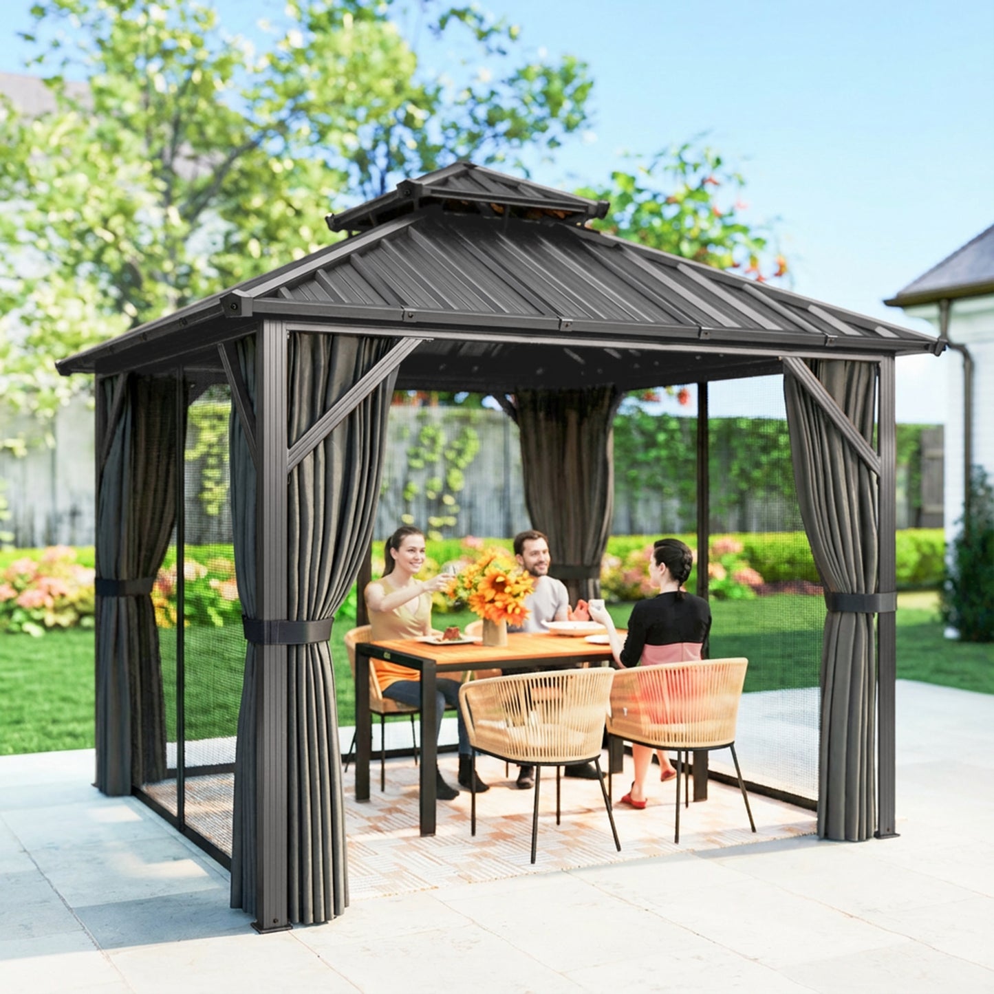 Gazébo Outsunny 3x3m Toit Dur Acier Galvanisé Cadre Aluminium Gris Foncé