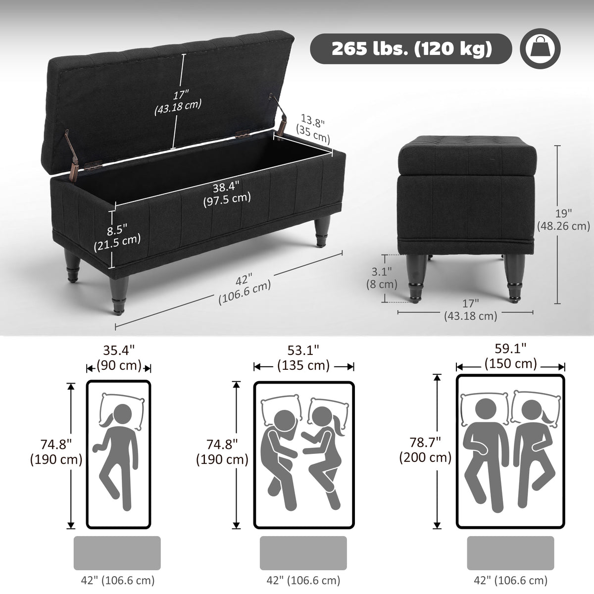 Banc de rangement capitonné en tissu