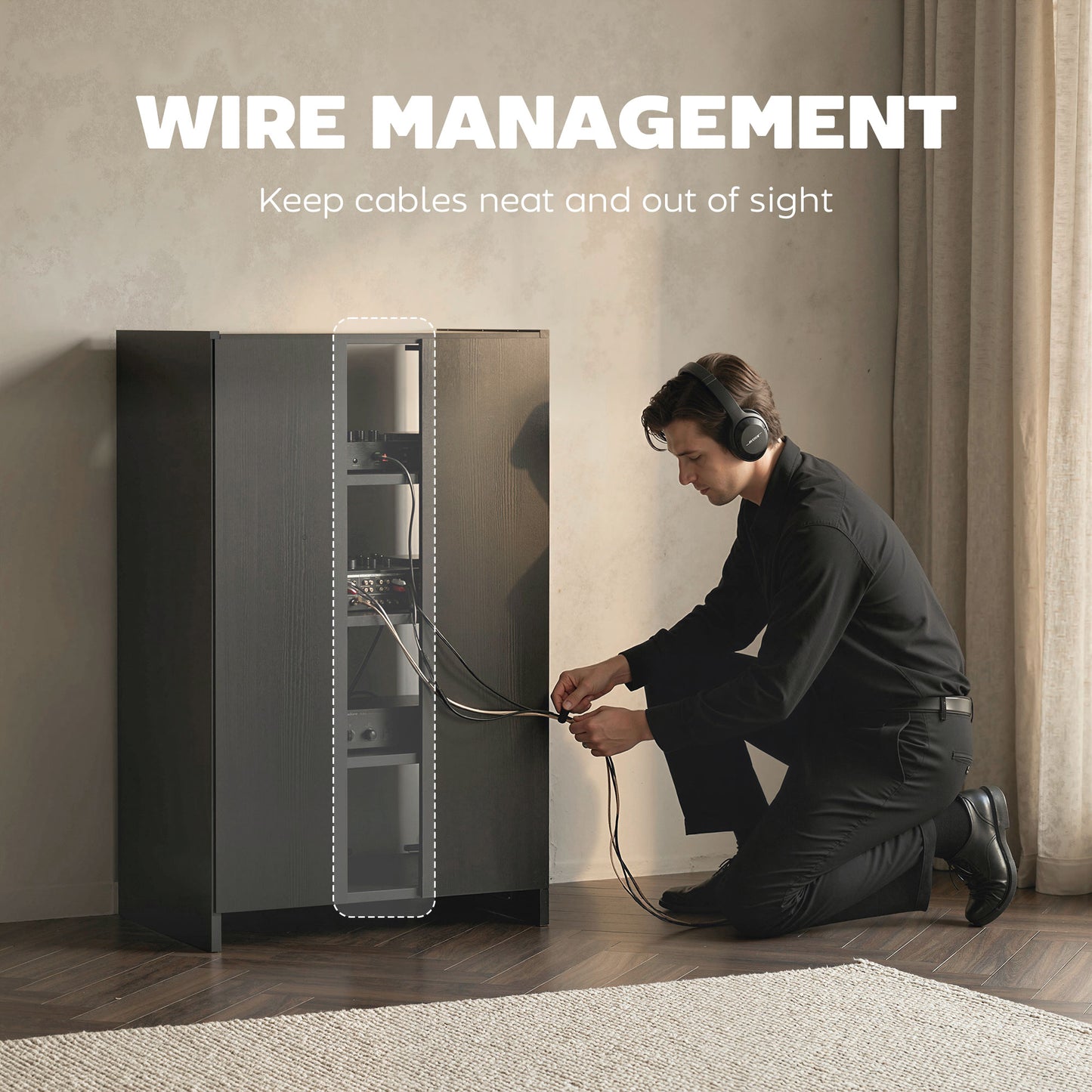 Meuble audiovisuel 5 niveaux portes vitrées push-to-open