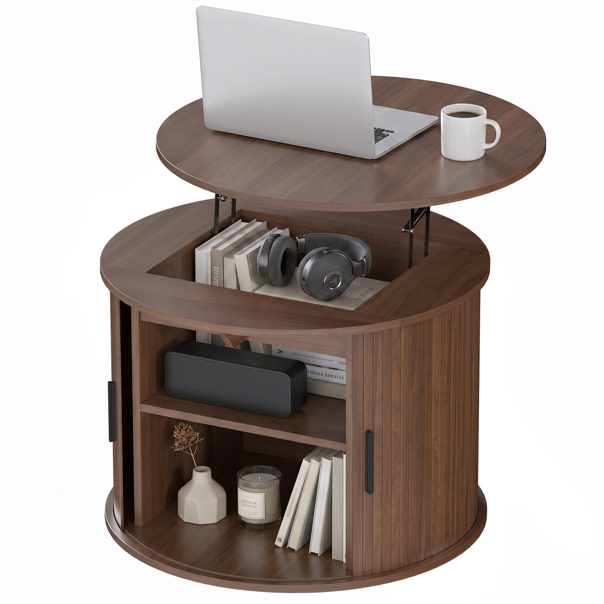 Table basse ronde à plateau relevable et rangement