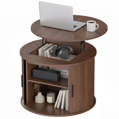 Table basse ronde à plateau relevable et rangement
