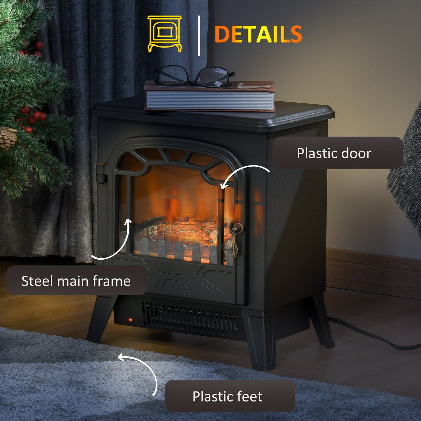 Poêle cheminée électrique sur pied avec effet flamme