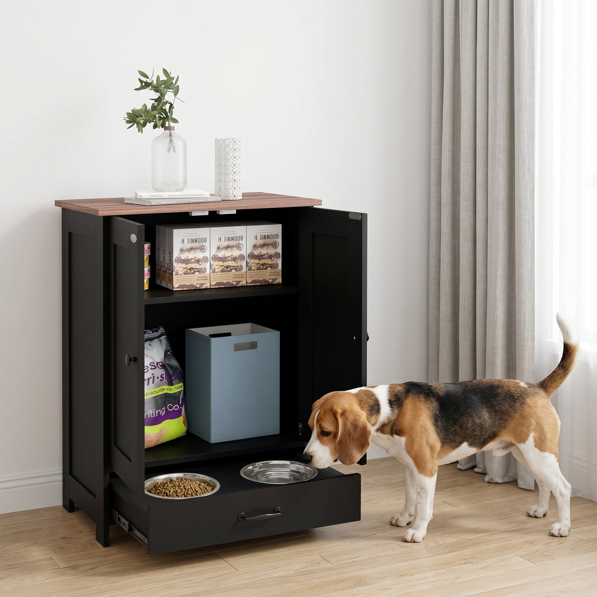 Station d'alimentation chien avec rangement ajustable
