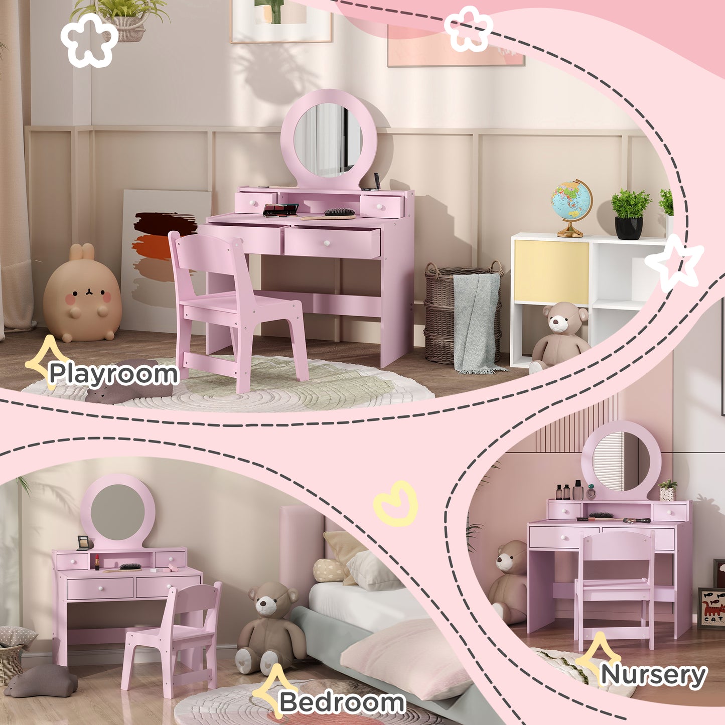 Coiffeuse enfant avec miroir et tabouret 4 tiroirs