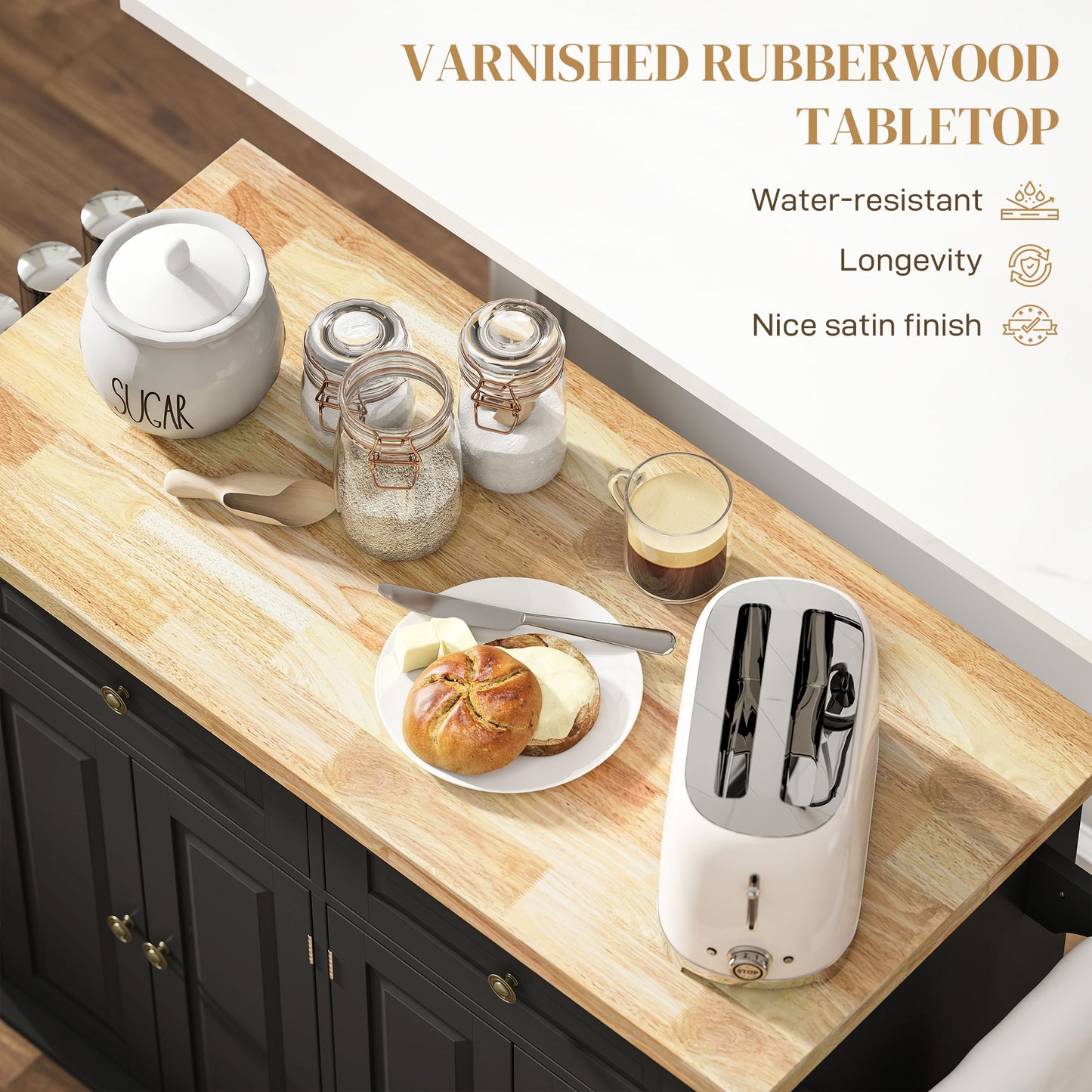 Îlot de cuisine mobile avec rangement et dessus bois