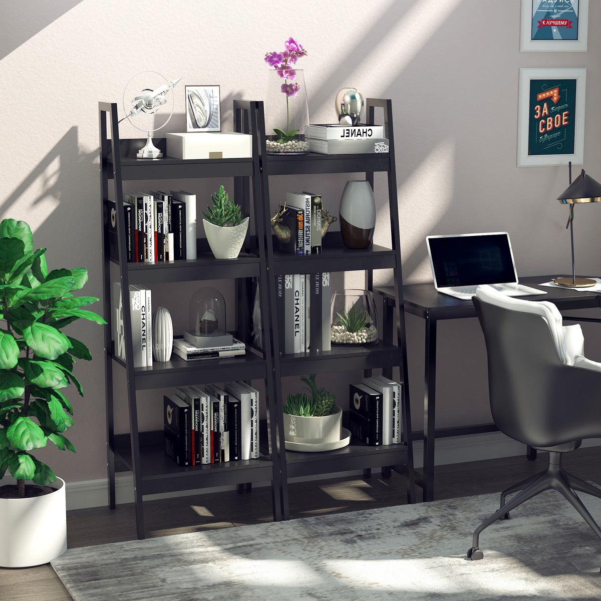 Bibliothèque échelle 4 tablettes — Lot de 2
