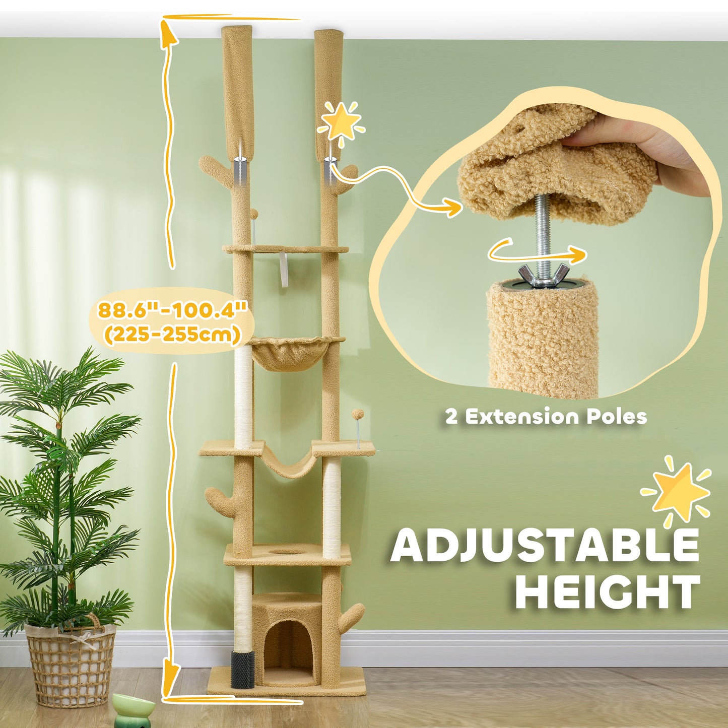 Arbre à chat plafond-sol ajustable 225-255cm avec hamacs