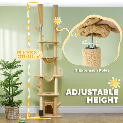 Arbre à chat plafond-sol ajustable 225-255cm avec hamacs