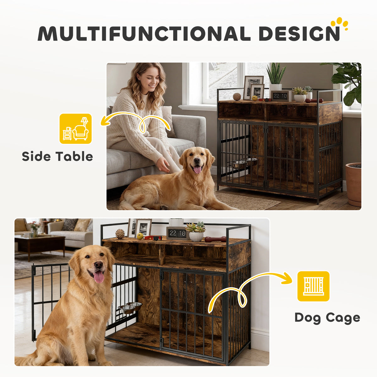 Cage pour chien meuble table d'appoint bols pivotants