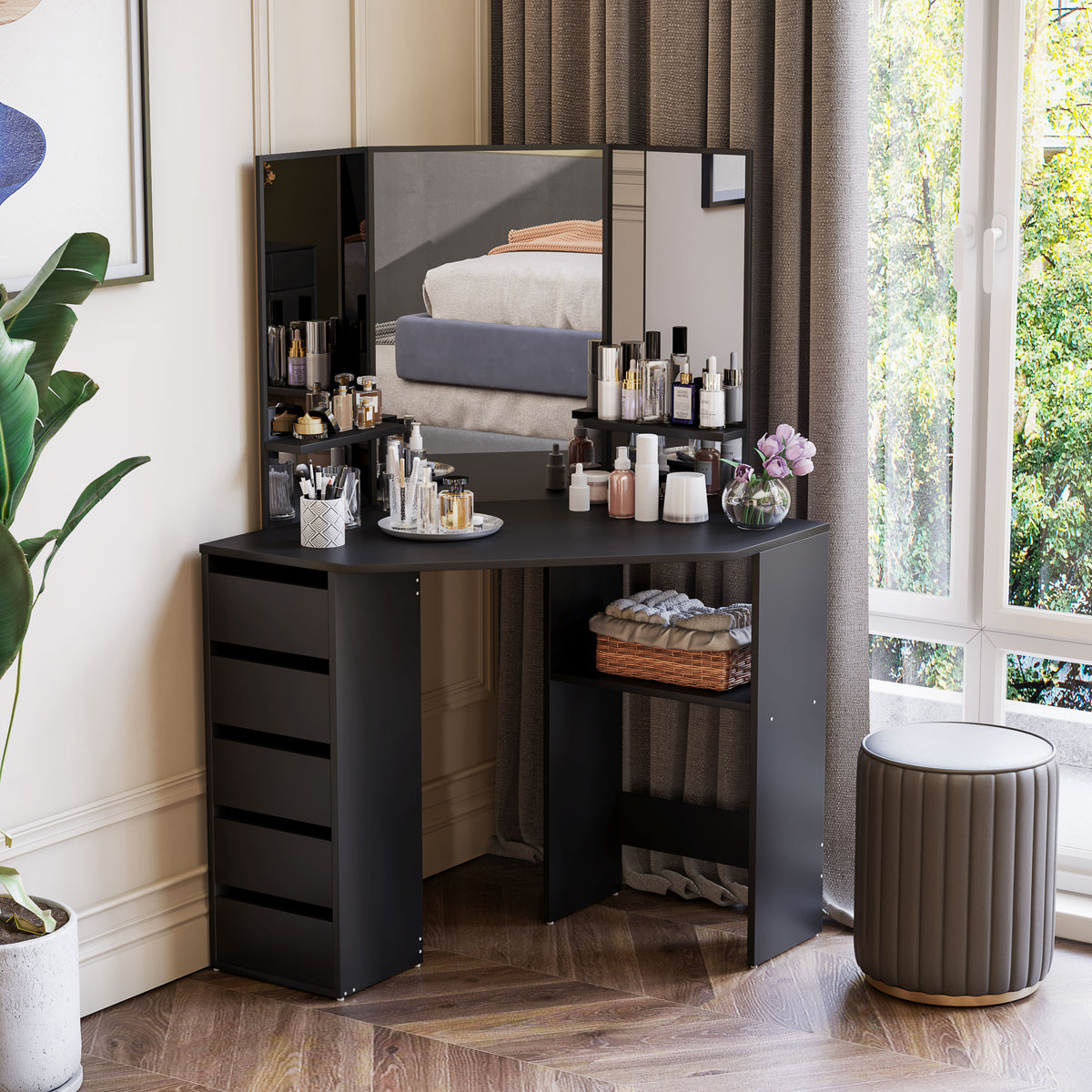 Table de maquillage d'angle miroir triptyque avec tiroirs
