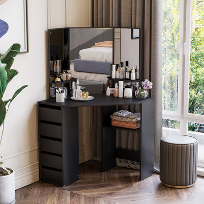 Table de maquillage d'angle miroir triptyque avec tiroirs