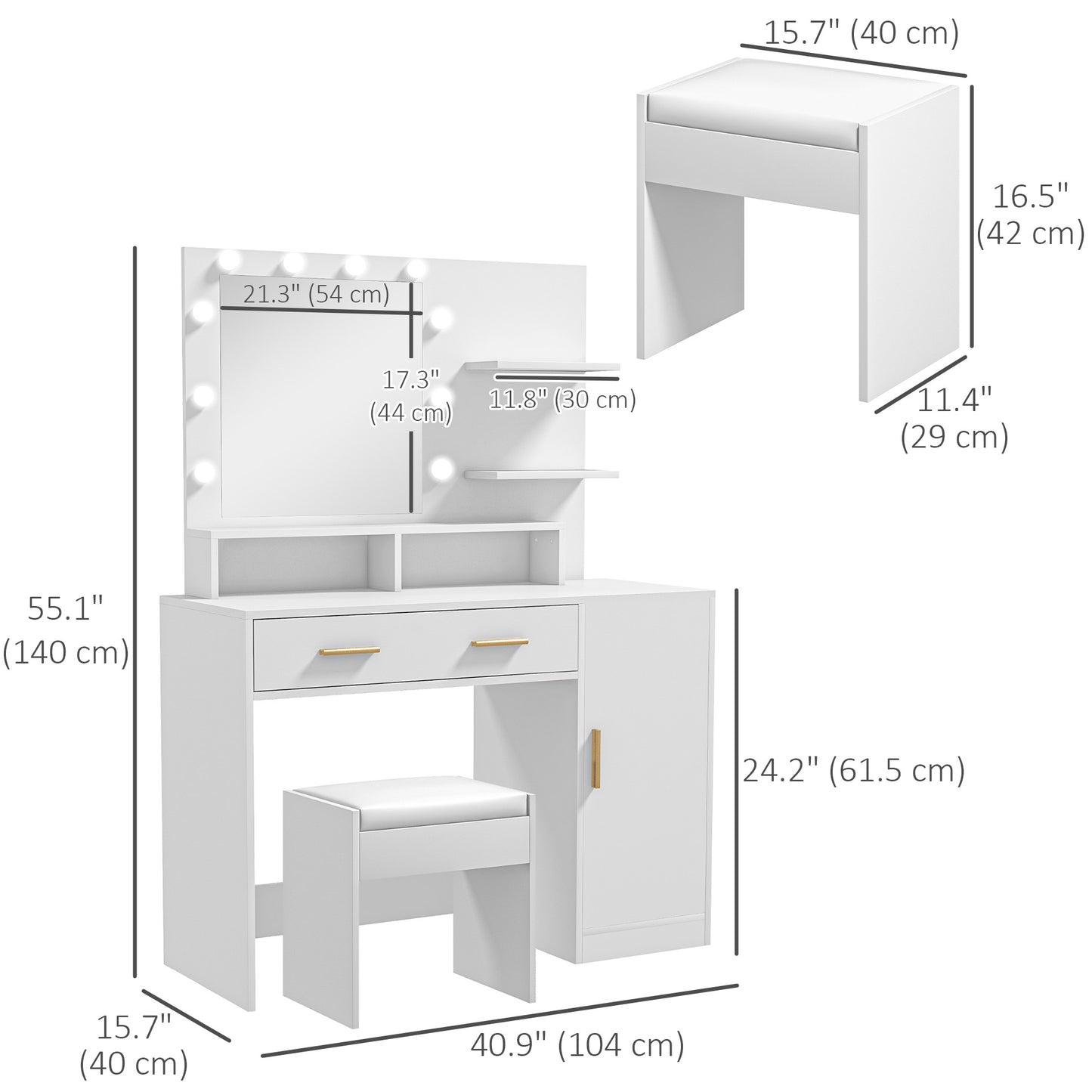 Coiffeuse avec miroir LED et tabouret